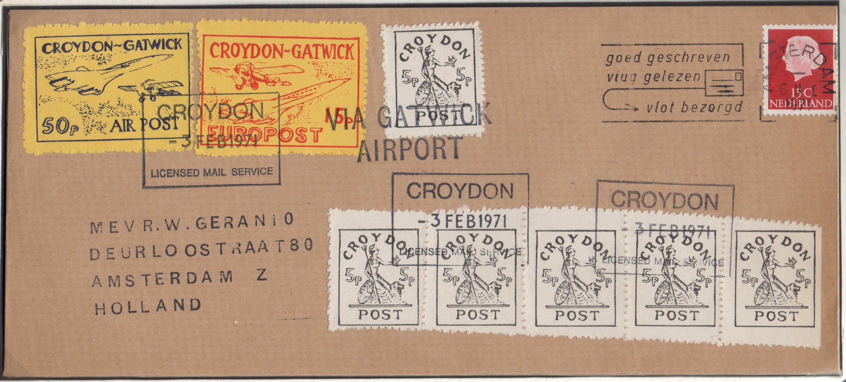 1971 Croydon Gatwick Strike Post cover with multiple CGP franking, Feb 3rd 1971